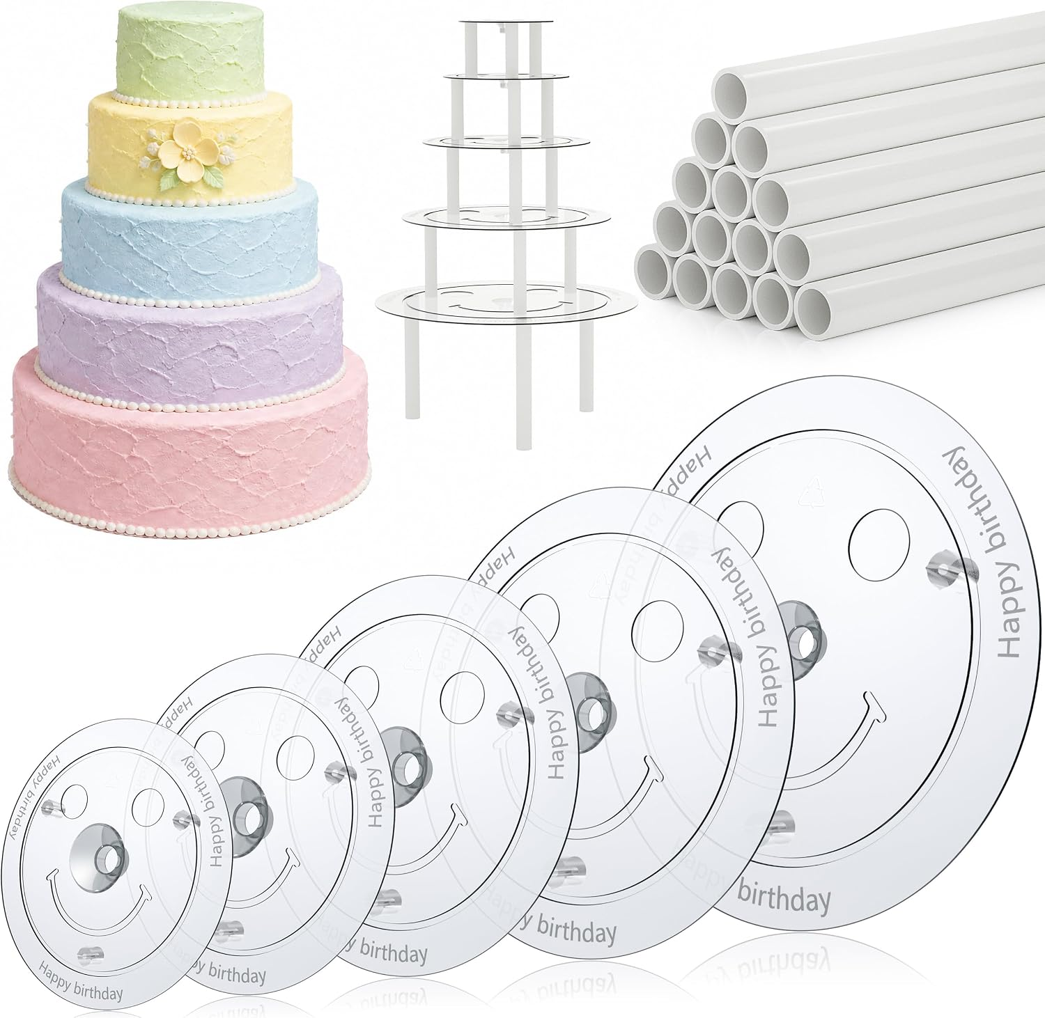 Cake dowels, clear separator plates and a finished tiered cake