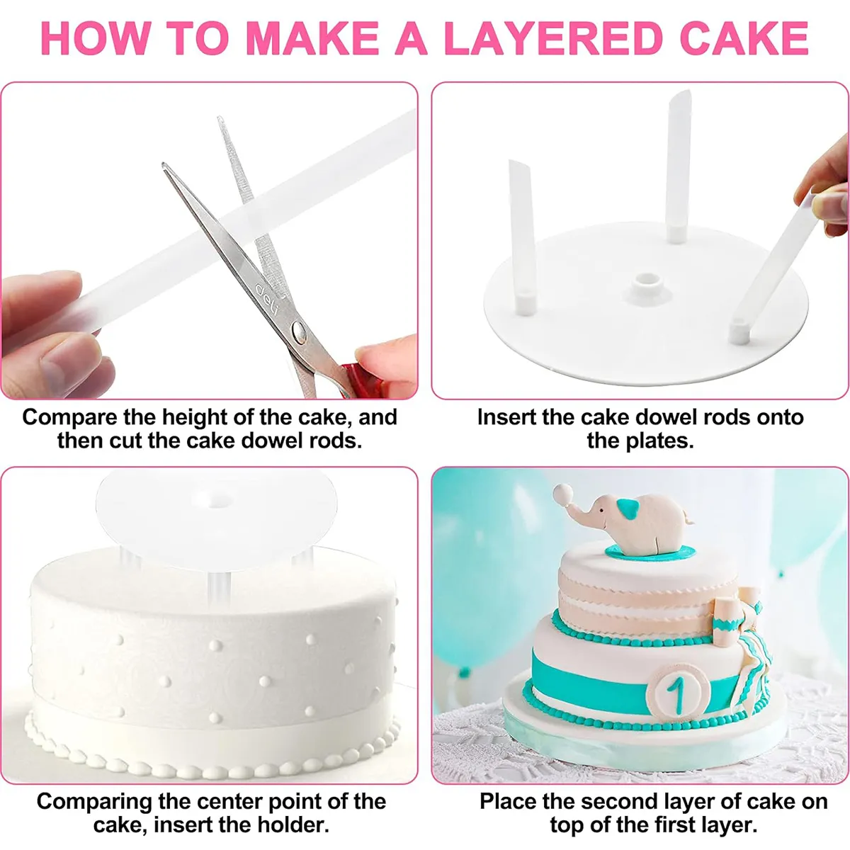 Four steps showing how cake dowels and separator plates are used