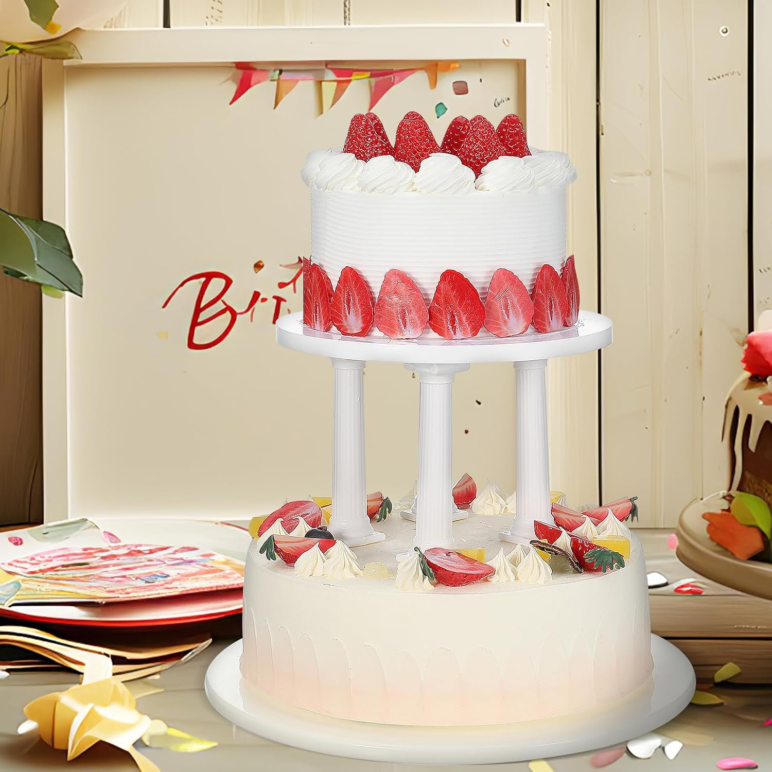 Celebration cake elevated with white decorative pillars