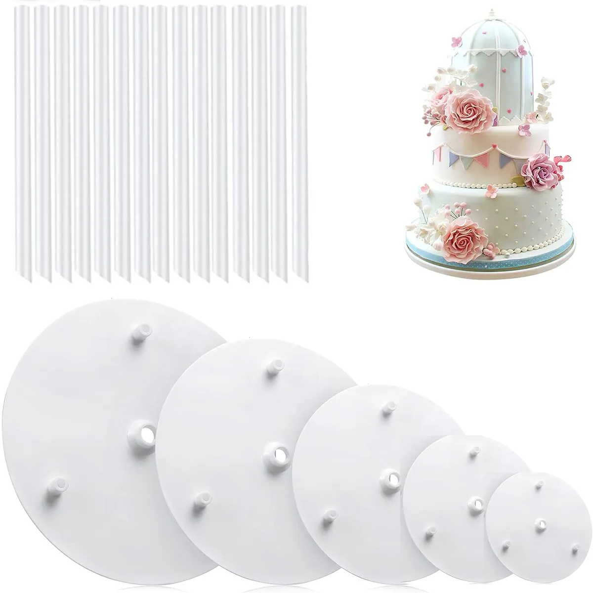 Cake plates and dowels arranged for selection